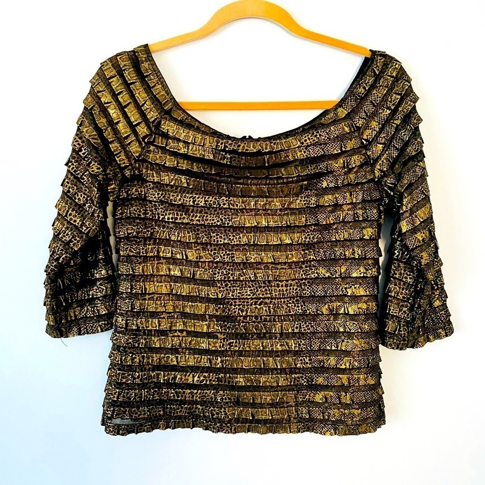 Frank Lyman Design Gold Metallic Size 10 Off the Shoulder Ruffle Top 3/4 Sleeve